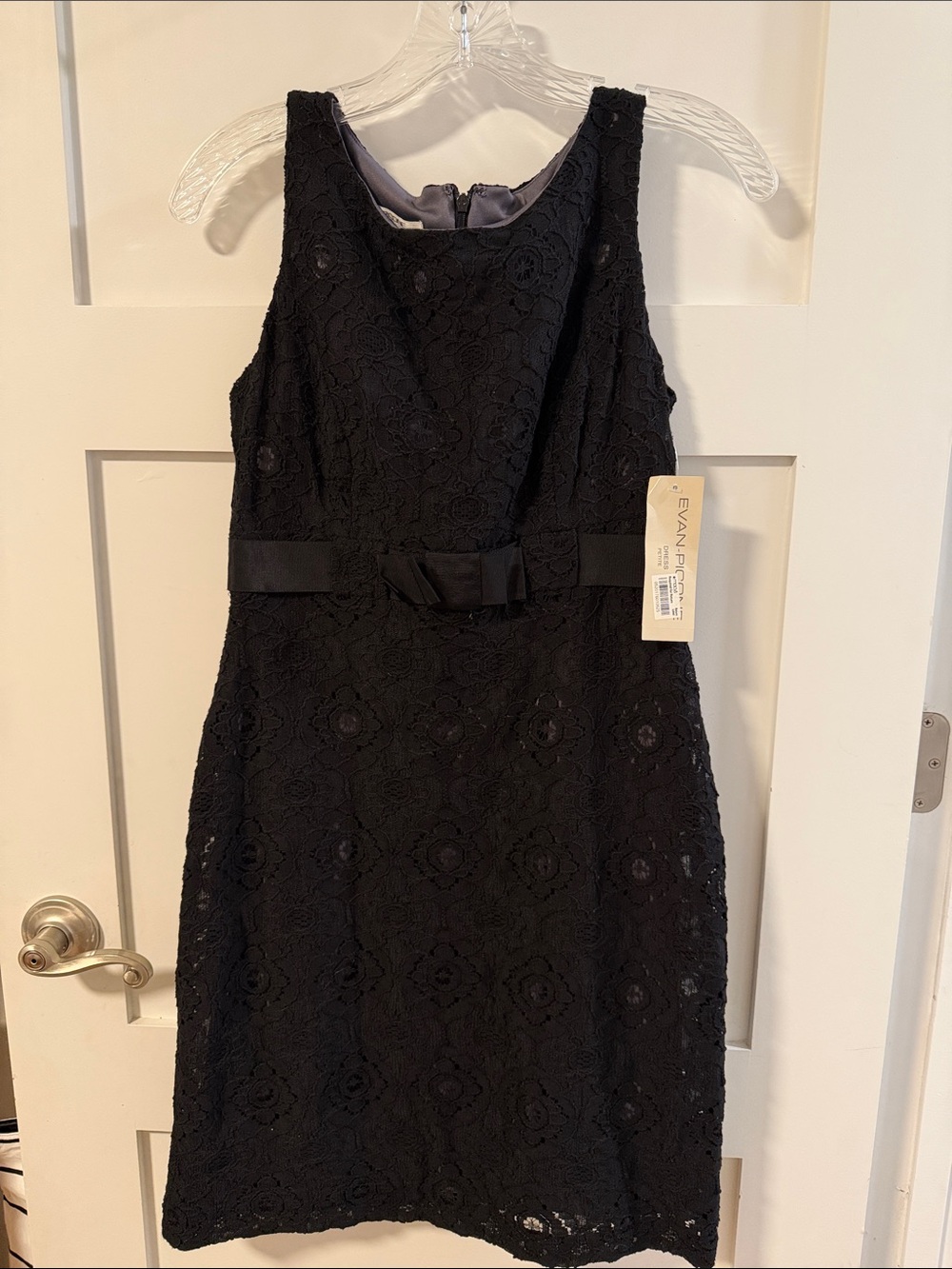 Evan Picone Black Lace Sheath Dress with Waist Bow